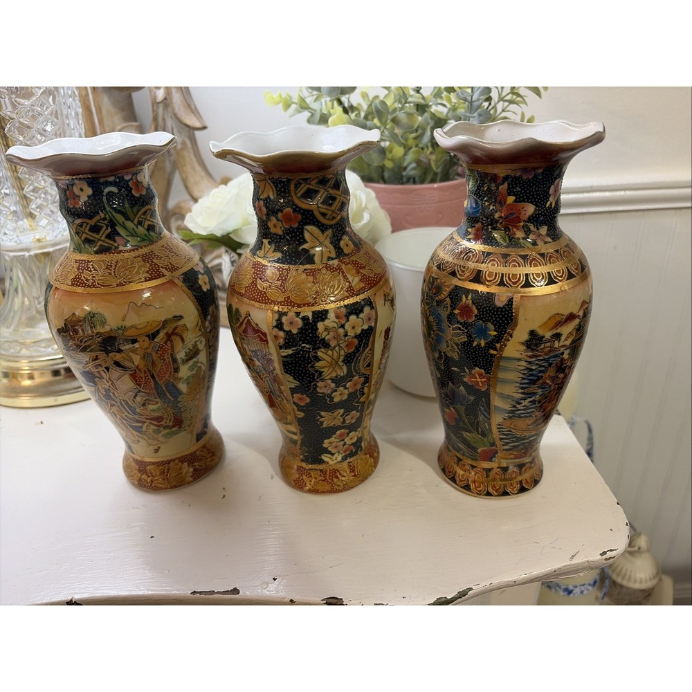 Vintage Set Of 3 hand paint Chinese Decorative Vase Coastal Birds Flowers 8 Inch
